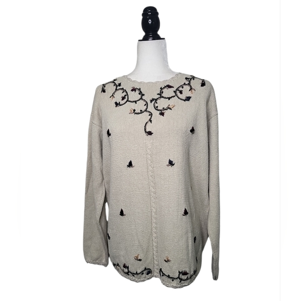 Vintage Tradition Women's Sweater Size L Pullover Embroidered Knit Beige